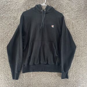 Champion Hoodie Sweatshirt Mens Small Black Pullover Reverse Weave Cotton Logo